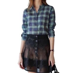 NWT UNTUCKit Women’s Green Navy Plaid Button Down Shirt Size 2 Cotton Blend